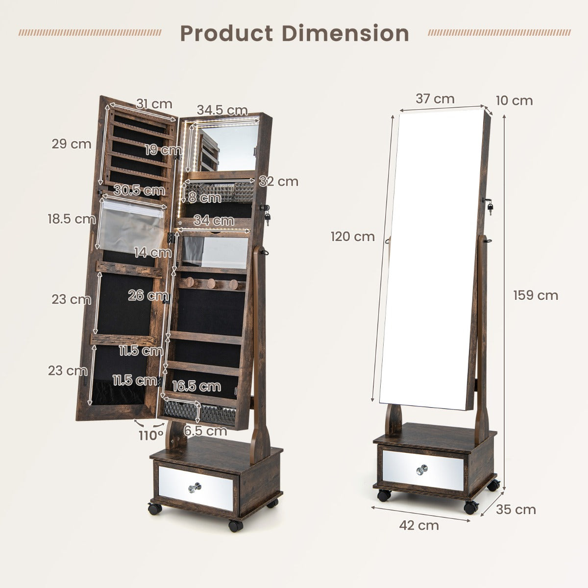 159 CM Lockable Jewelry Organizer with 3-Color LED Lights-Brown - image 4