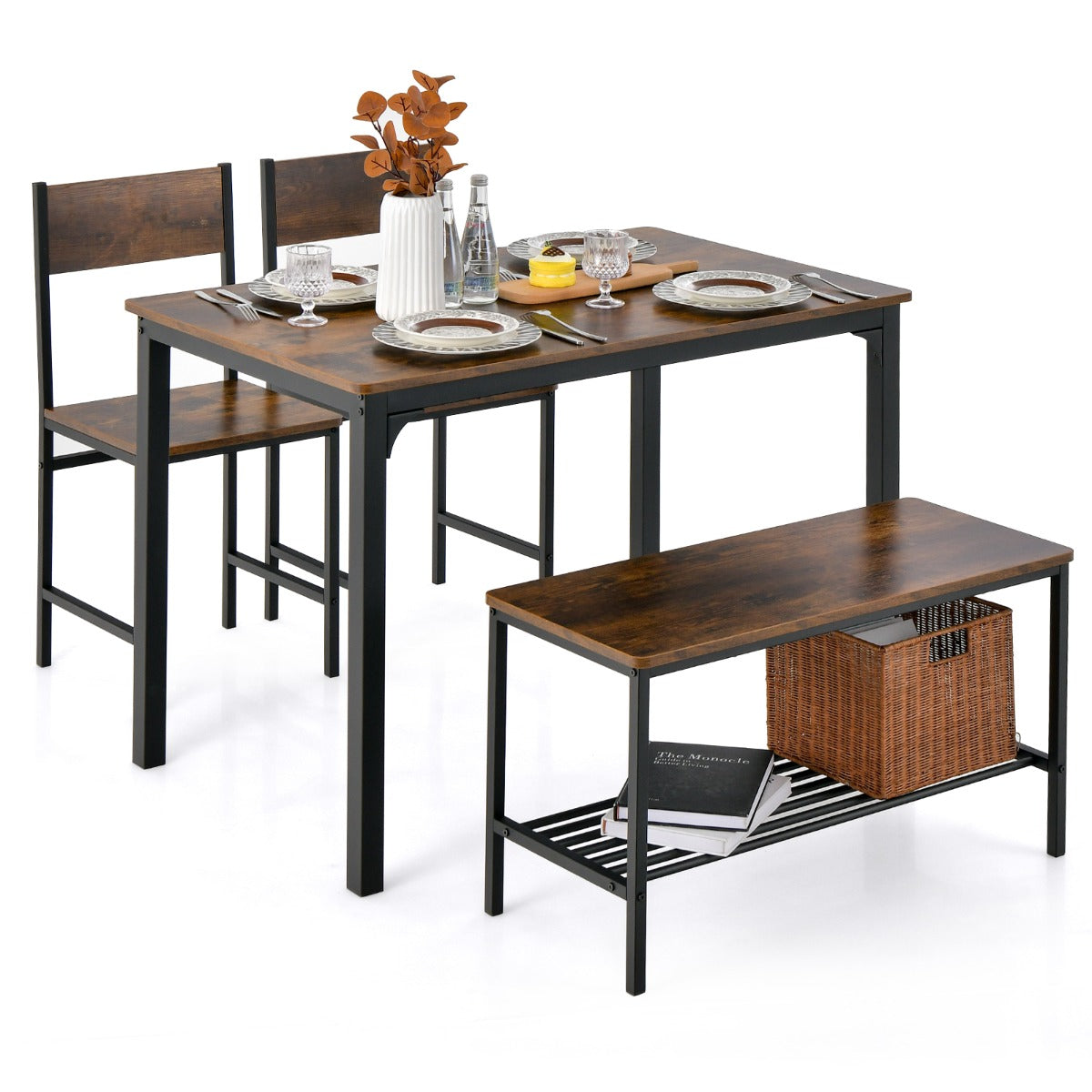 4-Piece Dining Table and Chair Set with Metal Frame and Storage Rack for Dining - image 2