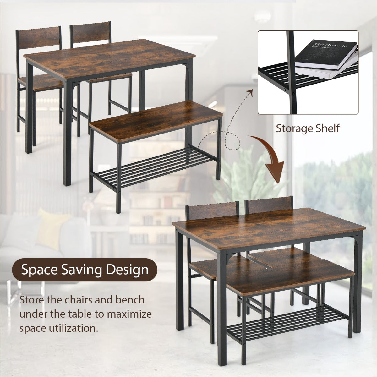 4-Piece Dining Table and Chair Set with Metal Frame and Storage Rack for Dining - image 3