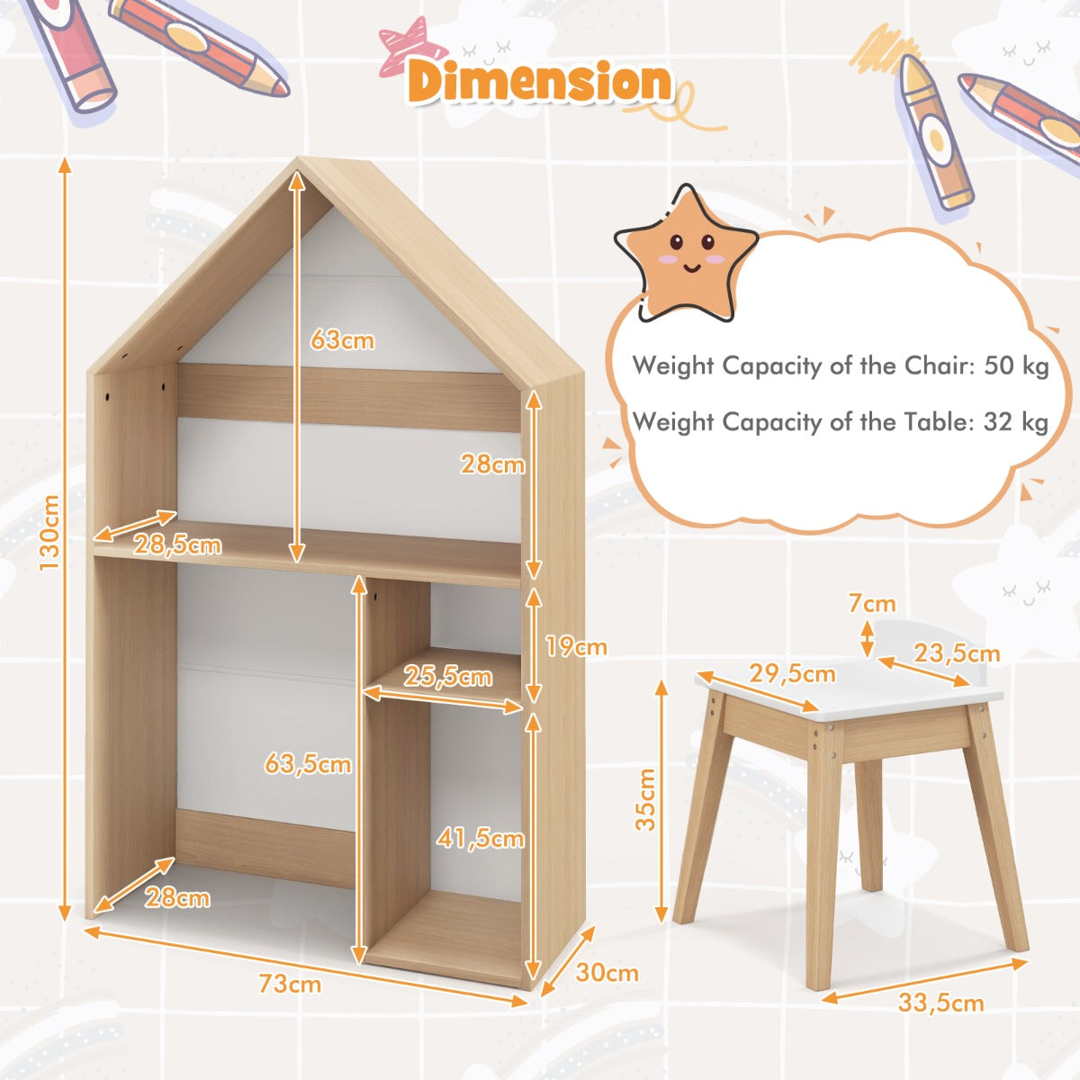 NNECW Kids House-Shaped Table and Chair Set with Storage & Blackboard