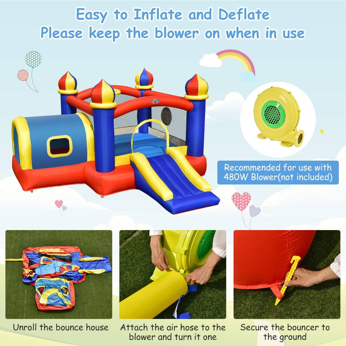 NNECW 5-in-1 Inflatable Bounce House with Slide for Outdoor Use with Blower