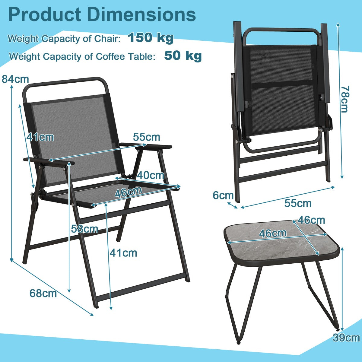 NNECW 3 Piece Patio Folding Conversation Set with Coffee Table for Backyard