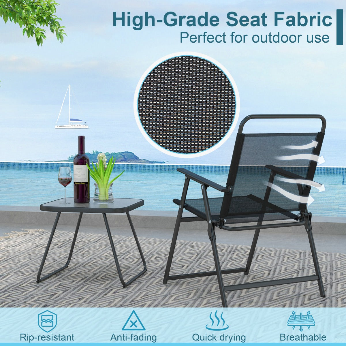 NNECW 3 Piece Patio Folding Conversation Set with Coffee Table for Backyard