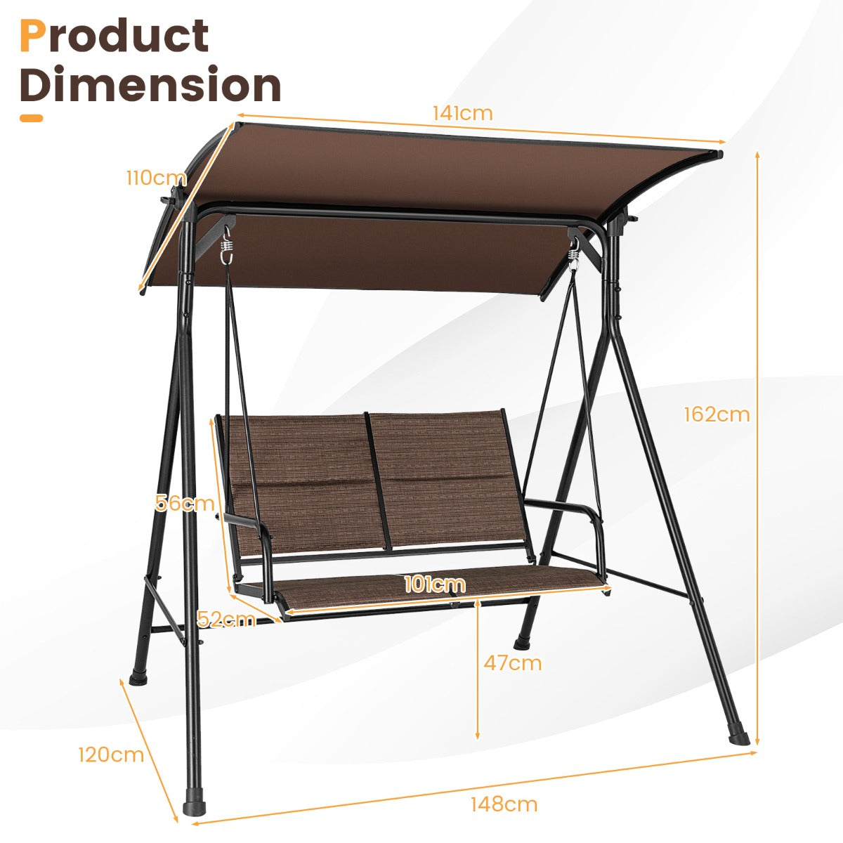 NNECW 2 Seat Outdoor Porch Swing with Spring Hook and Soft Cushions