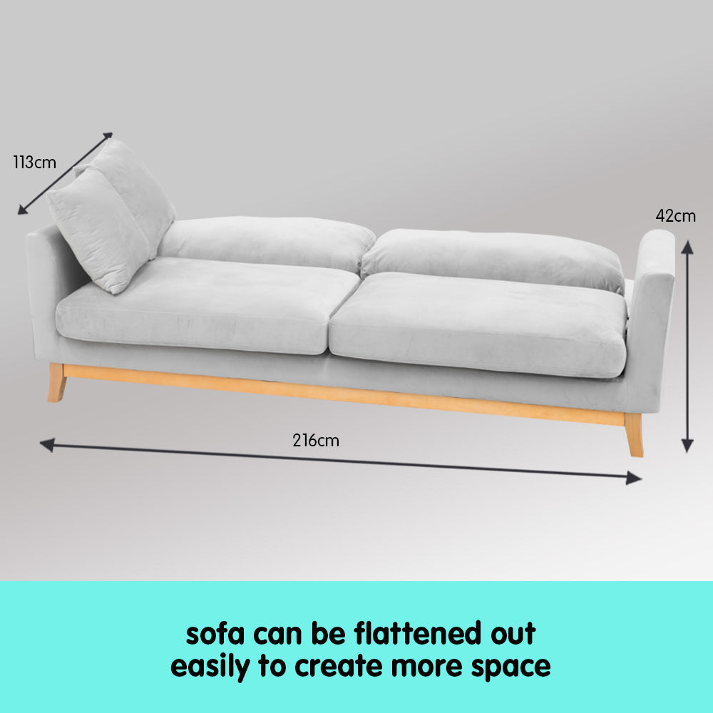 Sarantino 3 Seater Faux Velvet Sofa Bed Couch Furniture Light Grey - image 2