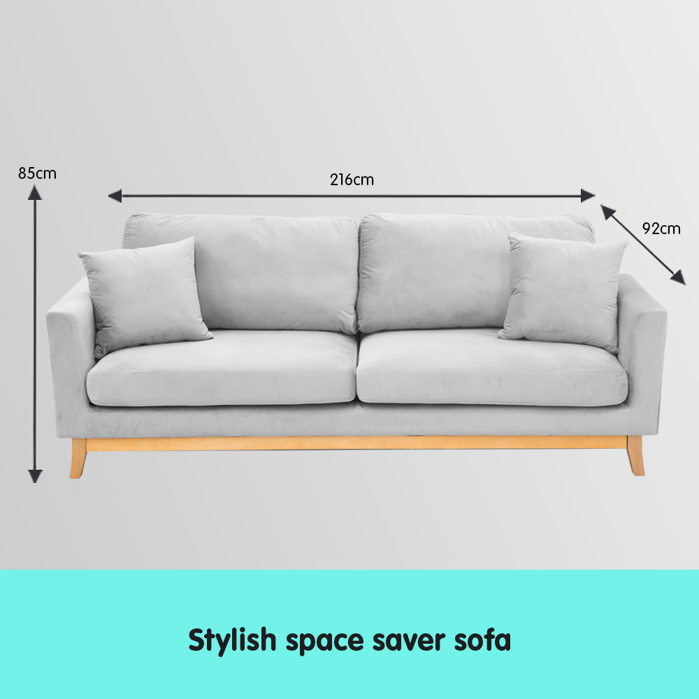 Sarantino 3 Seater Faux Velvet Sofa Bed Couch Furniture Light Grey - image 3