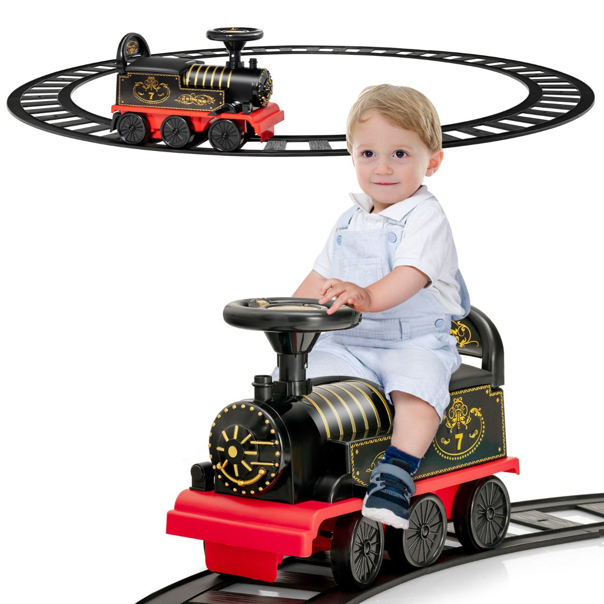 6V Electric Kids Ride On Train Toy with Track & 6 Wheels-Black - image 5