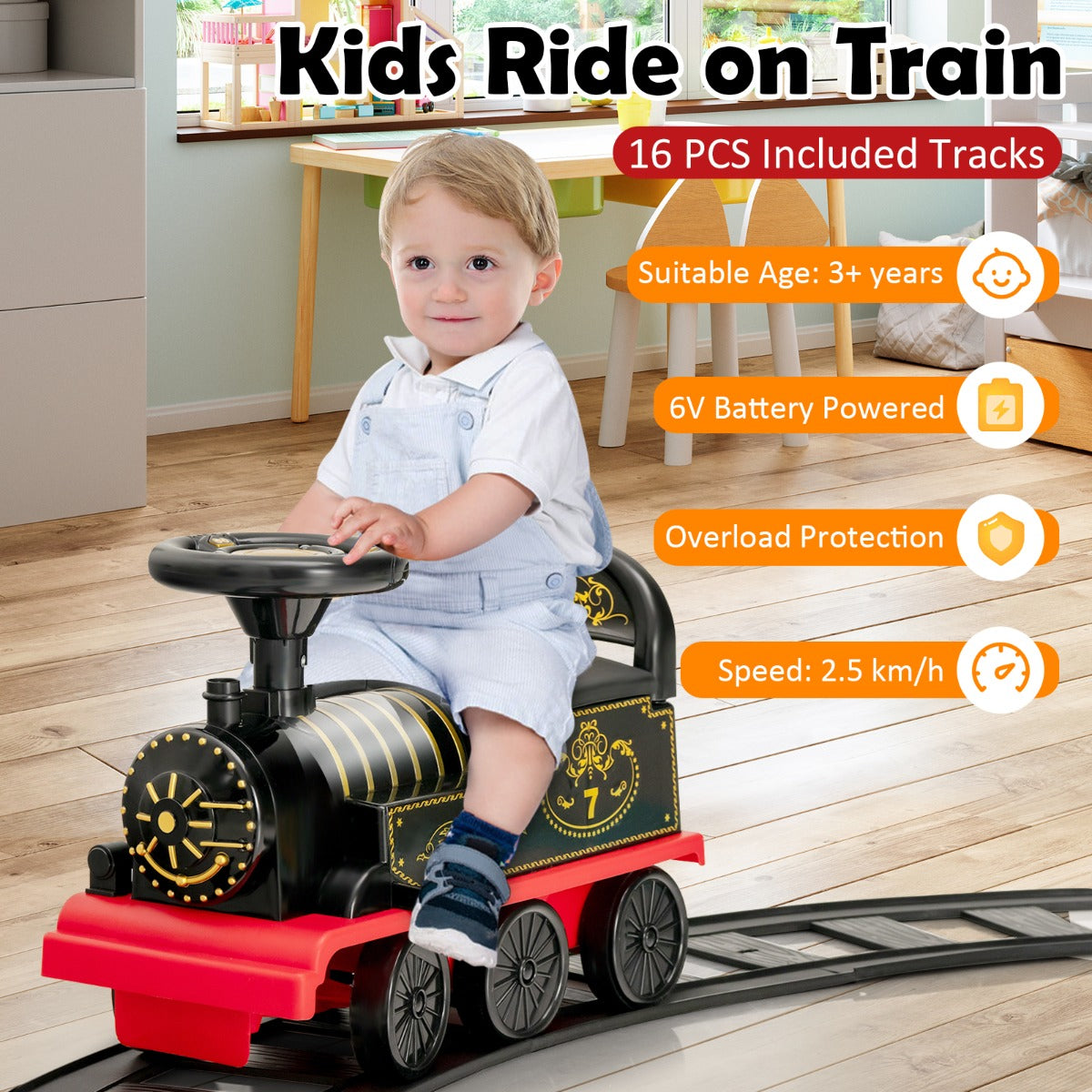 6V Electric Kids Ride On Train Toy with Track & 6 Wheels-Black