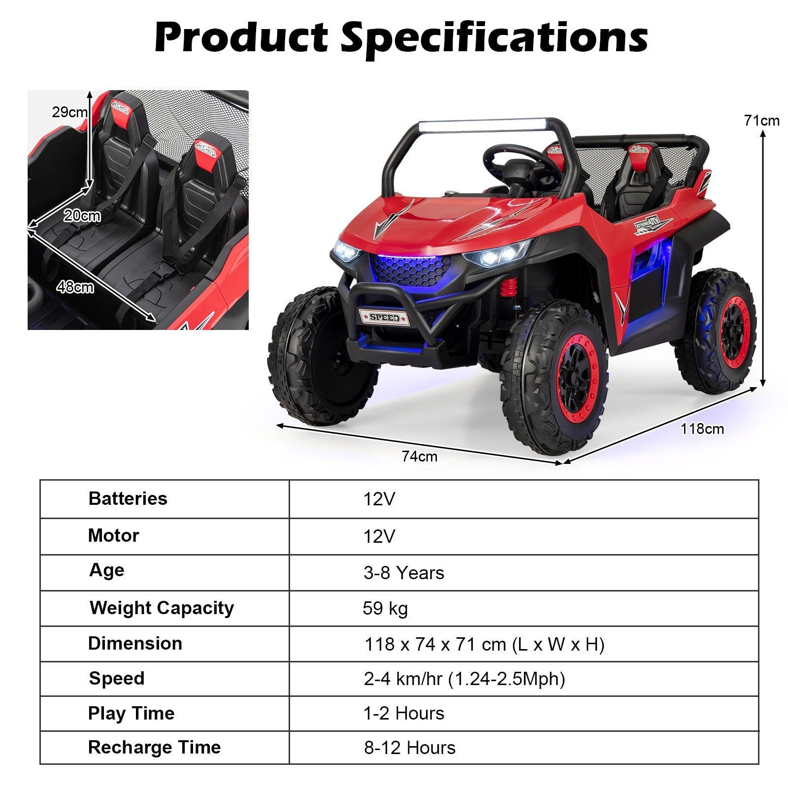 12V 2-Seater Kids Ride On Car with Light Music & Electric Remote Control-Red - image 3