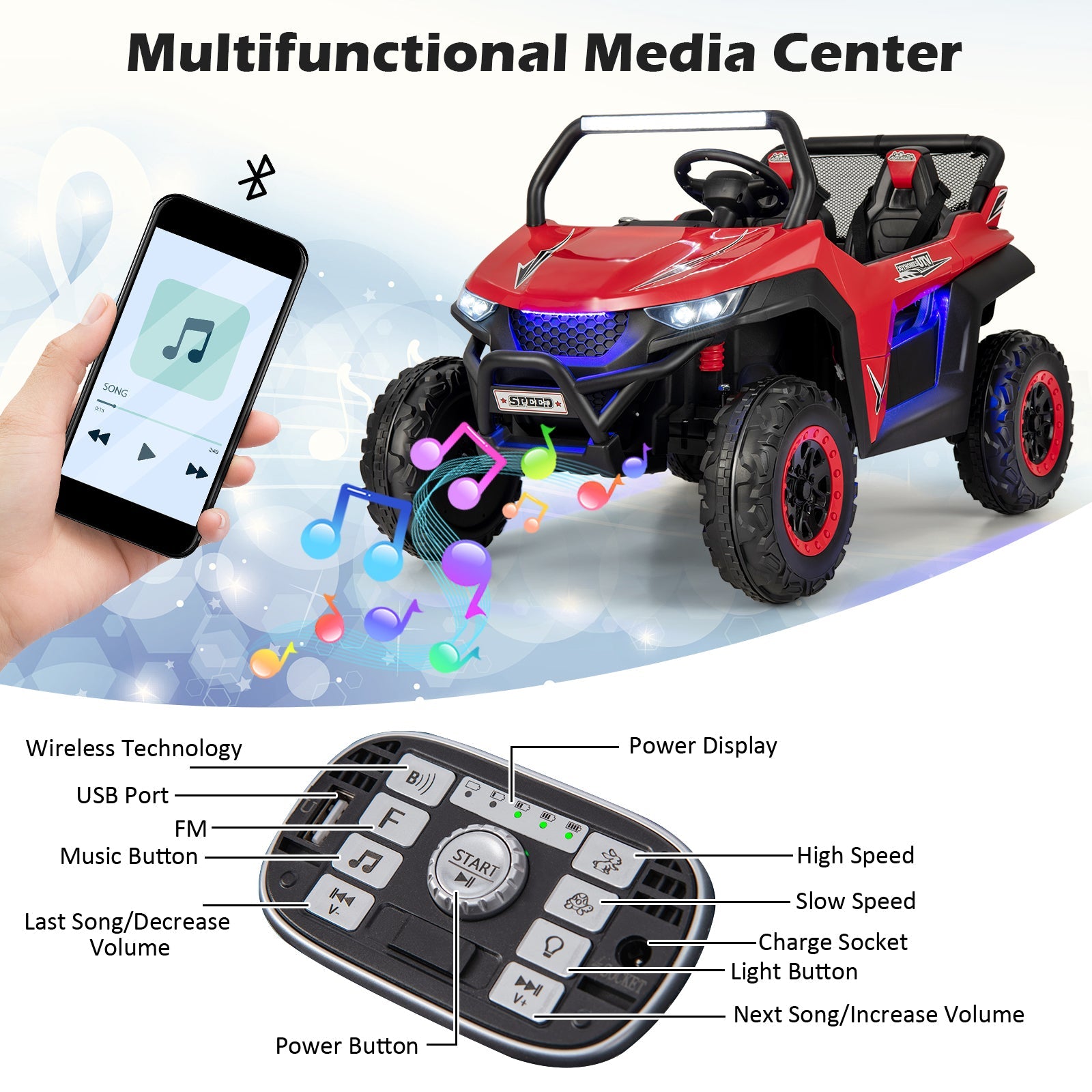 12V 2-Seater Kids Ride On Car with Light Music & Electric Remote Control-Red - image 4