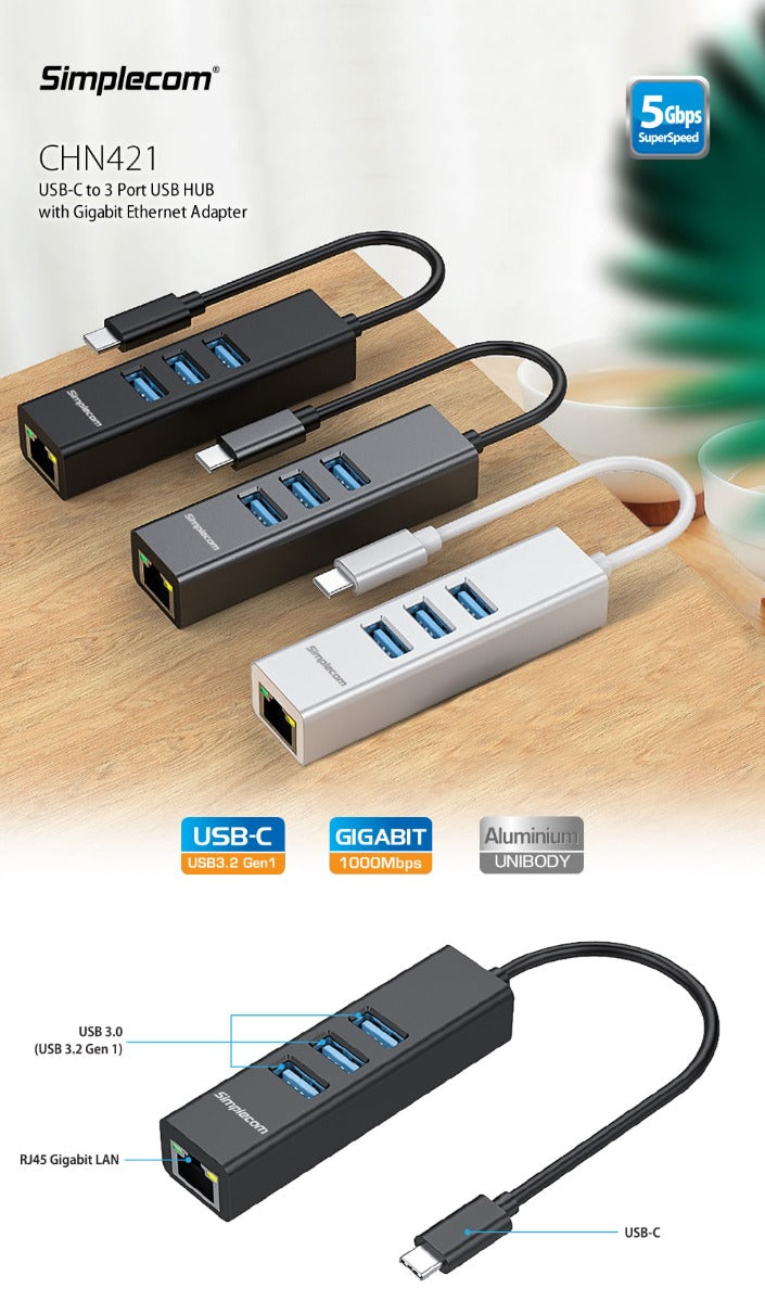 CHN421 Aluminium USB-C to 3 Port USB HUB with Gigabit Ethernet Adapter Black - image 4